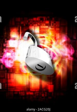 Security technology, conceptual computer artwork. The padlock represents various security technologies, while the printed circuit board (PCB) design i Stock Photo