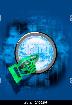 Global internet, conceptual computer artwork. Hand icon (green) pointing at a globe symbol. The globe represents the worldwide reach of computer netwo Stock Photo