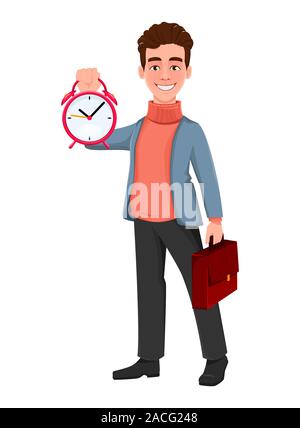 Successful business man. Handsome businessman holding alarm clock and briefcase. Cheerful cartoon character. Vector illustration on white background Stock Vector