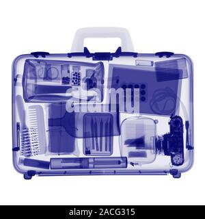 Case. Coloured X-ray of a bag containing various items. Stock Photo