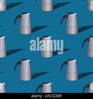 Seamless pattern with Italian geyser coffee makers on a blue background. Vector flat illustration. Stock Vector