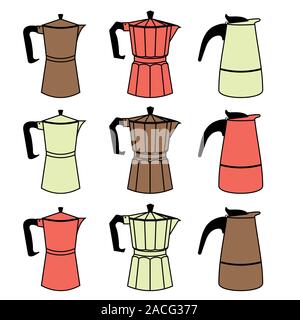 a set of nine colorful geyser Italian coffee makers in a flat line style. Vector illustration. Stock Vector
