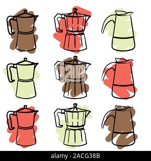 a set of nine colorful geyser Italian coffee makers in a doodle style. Vector hand drawn illustration. Stock Vector