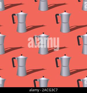 Seamless pattern with Italian geyser coffee makers on a red background. Vector flat illustration. Stock Vector