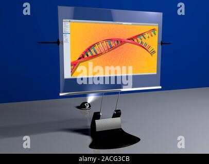 Futuristic computing, conceptual computer artwork. Projected computer monitor showing an image of DNA (deoxyribonucleic acid). Stock Photo