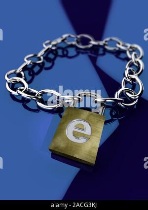 Internet security, conceptual computer artwork. Locked padlock with an 'e' sign on a chain, which could represent secure emails being sent across the Stock Photo