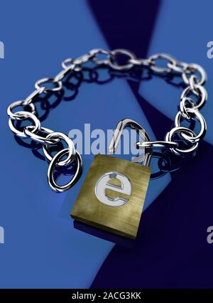 Internet security, conceptual computer artwork. Unlocked padlock with an 'e' sign on a chain, which could represent unsecured emails being sent across Stock Photo