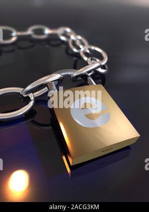 Internet security, conceptual computer artwork. Locked padlock with an 'e' sign on a chain, which could represent secure emails being sent across the Stock Photo