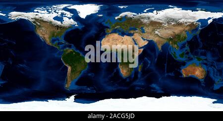Earth, topographic and bathymetric map. This map is centred on Africa. Highlands and lowlands of the continents are shown as ridges and flat areas, wi Stock Photo
