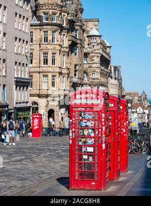 Iconic British red telephone boxes, Royal Mile, Edinburgh, Scotland, UK Stock Photo