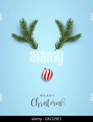 Merry Christmas greeting card, funny reindeer face shape made of realistic 3d pine tree branch and holiday bauble ornament from top view angle. Stock Vector