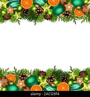 Vector Christmas horizontal seamless background with fir branches, green balls, cones, stars, oranges and gingerbread cookies. Stock Vector