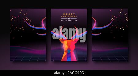 Merry Christmas Happy New Year greeting card set, retro 80s style abstract reindeer head on colorful neon light background. Futuristic holiday season Stock Vector