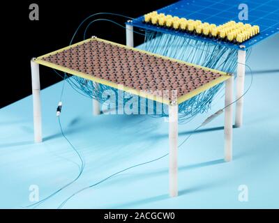Wireless antenna electronics. Circuit board used in wireless antenna equipment, connected to a testing circuit (background). This equipment is being t Stock Photo