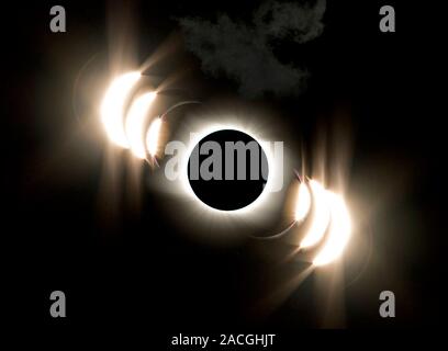 Total solar eclipse. Sequence of images of the sun during a total solar eclipse. The disc of the moon is seen moving over the disc of the sun from lef Stock Photo
