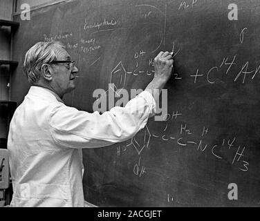 Julius Axelrod (1912-2004), US biochemist, at a blackboard. He is checking a student's work on the chemistry of catecholamine reactions in nerve cells Stock Photo