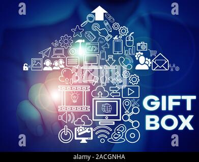 Text sign showing Gift Box. Business photo showcasing A small cointainer with designs capable of handling presents Male human wear formal work suit pr Stock Photo