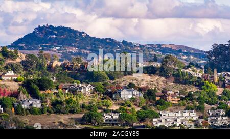 Aerial view of residential neighborhood with scattered houses build on hill slopes, Mill Valley, North San Francisco Bay Area, California Stock Photo