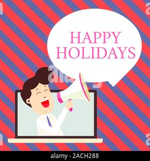 Handwriting text writing Happy Holidays. Conceptual photo Made a short journey by a group of showing for pleasure Man Speaking Through Laptop into Lou Stock Photo