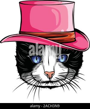 vector animal, portrait of cat in tall hat Stock Vector