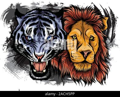 Lion and Tiger growling opposite each other, open an embittered mouth, canines, hand drawn doodle, sketch in pop art style, vector illustration Stock Vector