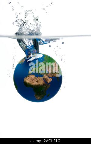 Rising sea levels, conceptual image. Computer artwork of the Earth being submerged in water, representing the planet being flooded by rising sea level Stock Photo