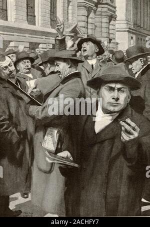 Stock exchange, New York City, USA. Artwork of traders on the curb market at the New York Stock Exchange in 1912. They are on the street outside the s Stock Photo