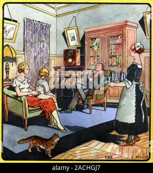 Family life, 1930s artwork. French family relaxing in a living room listening to a radio (background, below picture). A maid is serving coffee and the Stock Photo