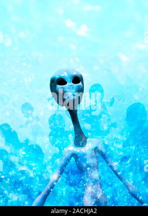 Aliens among us, conceptual image. Computer artwork of a humanoid alien in front of the silhouettes of children. Stock Photo