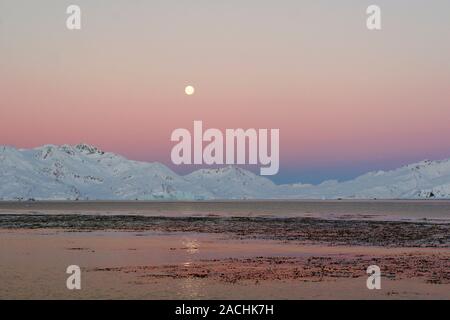 Full Moon over mountains. The Full Moon rises above the horizon soon after sunset, the glow of which is seen in the sky here. Seaweed is floating in t Stock Photo