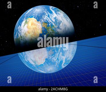 Solar power satellite. Artwork of a future solar power satellite in geostationary Earth orbit. The Earth is reflected in this large arrays of solar pa Stock Photo