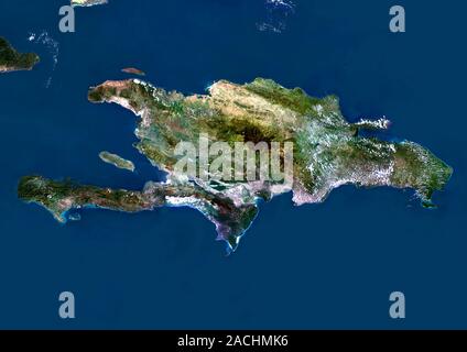 Hispaniola. Satellite image of the island of Hispaniola in the Caribbean Sea. North is at top. Hispaniola is divided into the Republic of Haiti to the Stock Photo