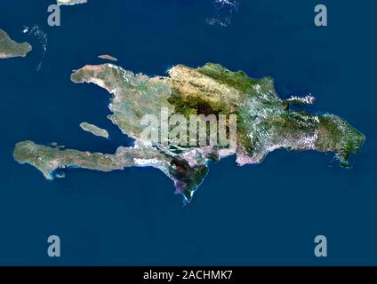 Hispaniola. Satellite image of the island of Hispaniola in the Caribbean Sea. North is at top. Hispaniola is divided into the Republic of Haiti to the Stock Photo