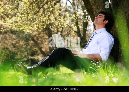 Office worker in a park using a laptop computer. Stock Photo