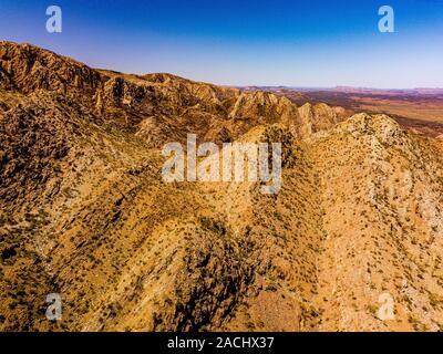 Aerial image of Standley Chasm and the surrounding West MacDonnell Ranges in the remote Northern Territory following the Jan 2019 fires. Stock Photo