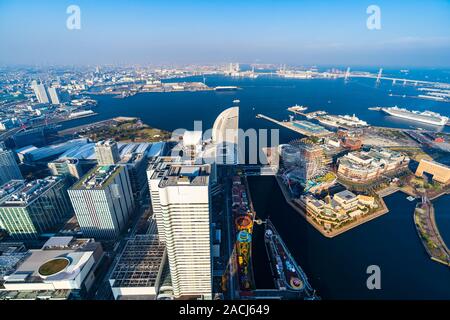 Aerial view of Yokohama Cityscape at Minato Mirai waterfront district, view from Yokohama Landmark Tower, Japan Stock Photo