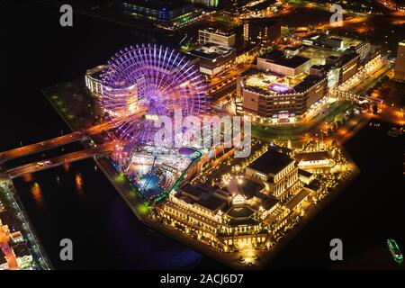Aerial night view of Yokohama harbor at Minato Mirai waterfront district, Japan Stock Photo