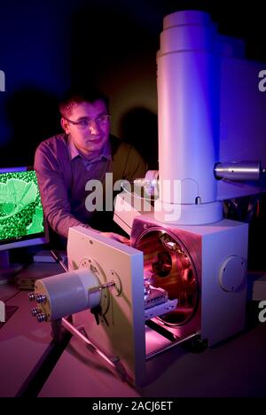 Lead-free soldering research. Researcher carrying out a micro-structural investigation on lead-free solder using an electron microscope (display scree Stock Photo