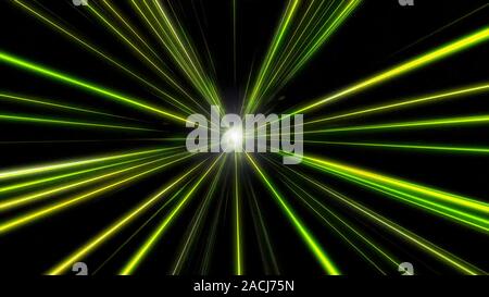 Entering yellow space warp. Abstract background with fast flying light streaks. Speed line and stripes flying into glowing tunnel.  Stock Photo