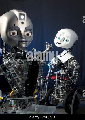 Humanoid social robots. These are the Nexi (right) and Maddox (left) MDS (mobile, dexterous, social) robots from the MIT Media Lab, USA. Autonomous ro Stock Photo