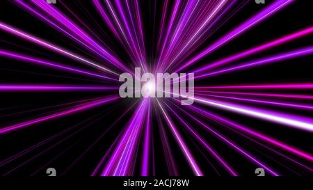 Entering purple space warp. Abstract background with fast flying light streaks. Speed line and stripes flying into glowing tunnel.  Stock Photo