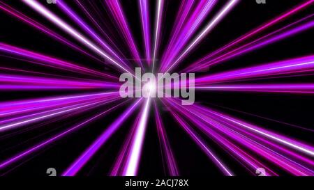 Entering purple space warp. Abstract background with fast flying light streaks. Speed line and stripes flying into glowing tunnel.  Stock Photo