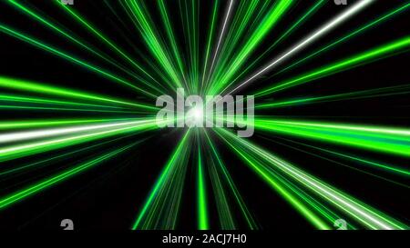 Entering green space warp. Abstract background with fast flying light streaks. Speed line and stripes flying into glowing tunnel.  Stock Photo