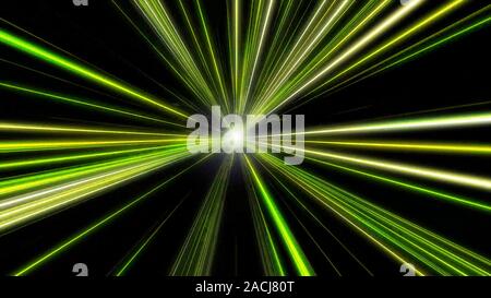 Entering yellow space warp. Abstract background with fast flying light streaks. Speed line and stripes flying into glowing tunnel.  Stock Photo