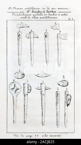 1860, attribution on the plate. Palaeolithic and mesolithic tools imagined hafted in wooden shafts. In the case of the paleolithic tools this is almos Stock Photo