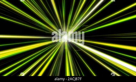 Entering yellow space warp. Abstract background with fast flying light streaks. Speed line and stripes flying into glowing tunnel.  Stock Photo