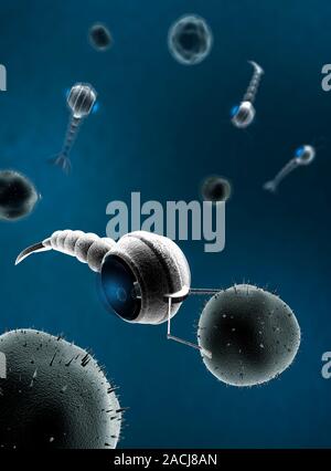 Medical nanorobots. Computer artwork of nanorobots in a human body targeting cells. One of the aims of nanotechnology is to develop microscopically sm Stock Photo