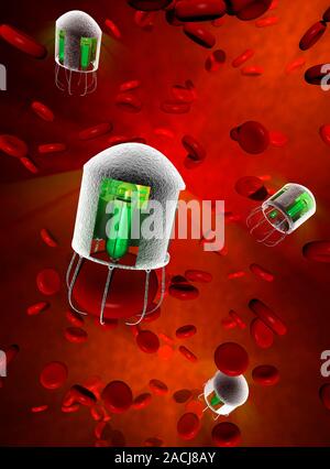 Medical nanorobots. Computer artwork of nanorobots in a human body targeting red blood cells. One of the aims of nanotechnology is to develop microsco Stock Photo