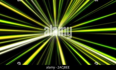 Entering yellow space warp. Abstract background with fast flying light streaks. Speed line and stripes flying into glowing tunnel.  Stock Photo