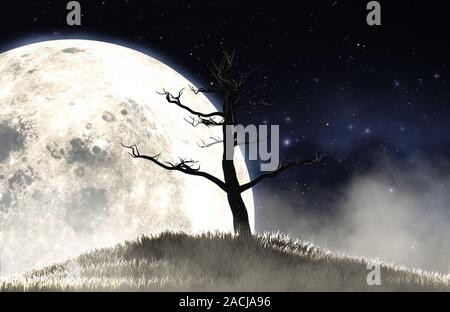 A concept image showing a dead leafless tree on a grassy hill at night ...